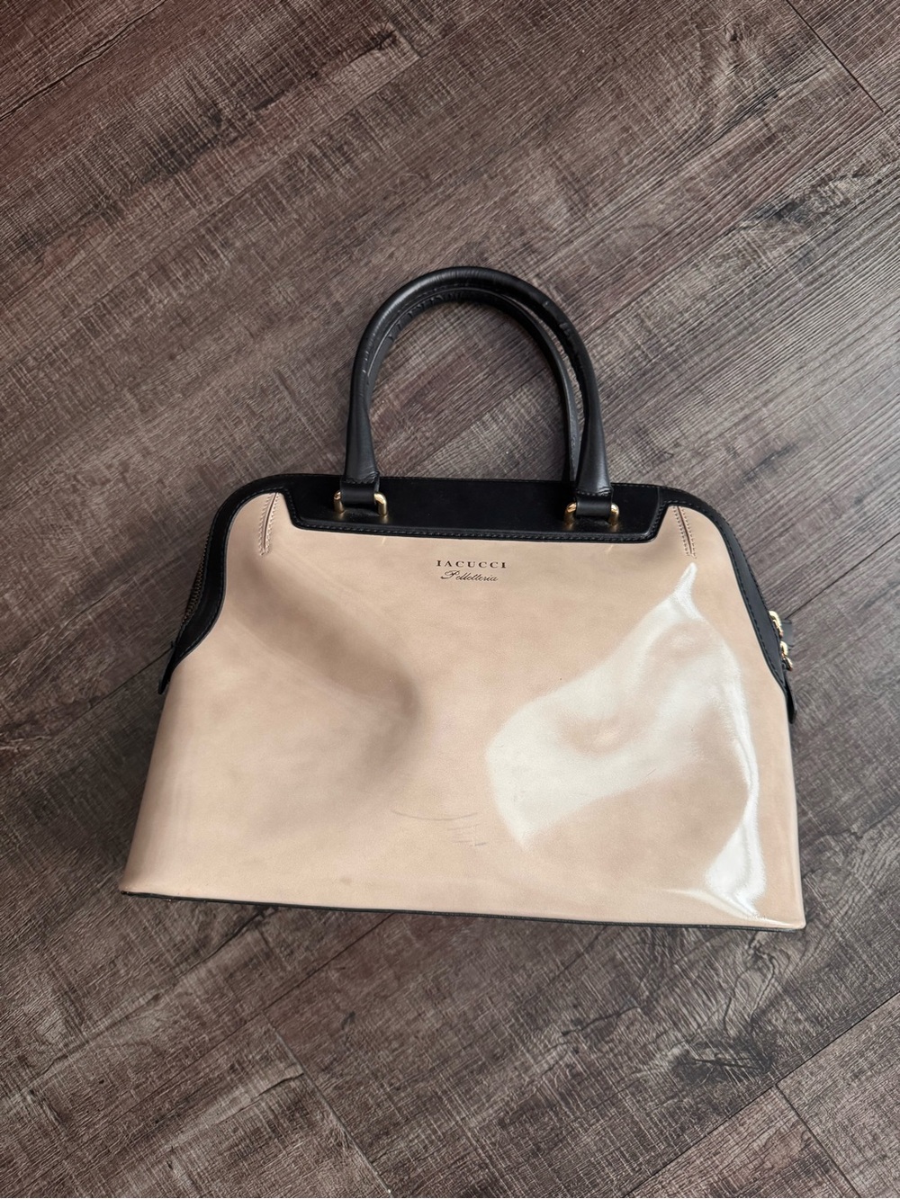 Iacucci Two-Tone Patent Dome Satchel in Beige and Black